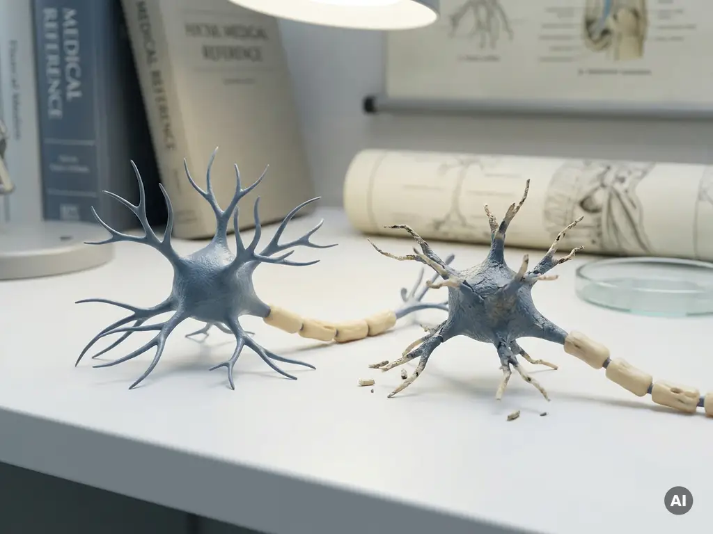 Twee zenuwcelmodellen naast elkaar, één met afbrokkelende filamenten, op wit laboratoriumoppervlak met medische naslagwerken.